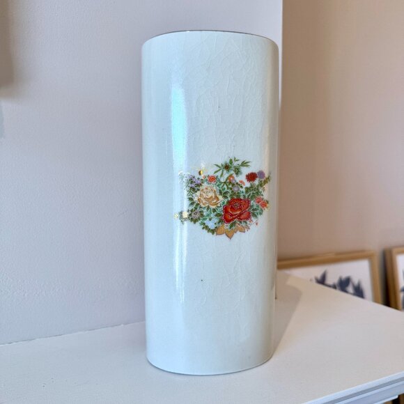 Vintage 1980s Japanese Tall Oval Floral w Gold Vase - Picture 5 of 10
